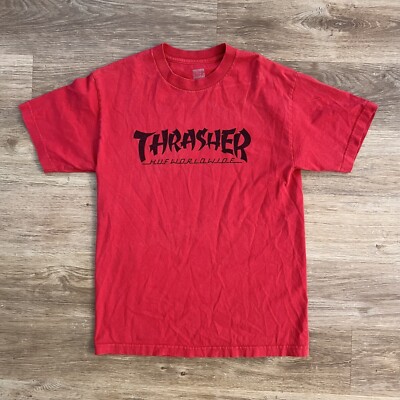 HUF x Thrasher Worldwide Sz S Red Skateboard Logo Spellout Shirt Back Print