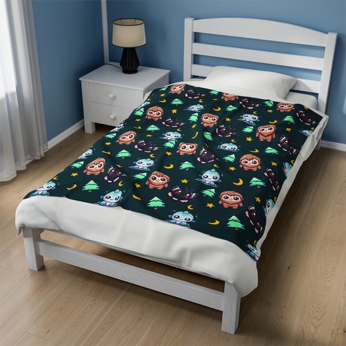 Cute Cryptids Plush Velveteen Blanket | Mothman Bigfoot Lagoon Creature Throw - Picture 7 of 11