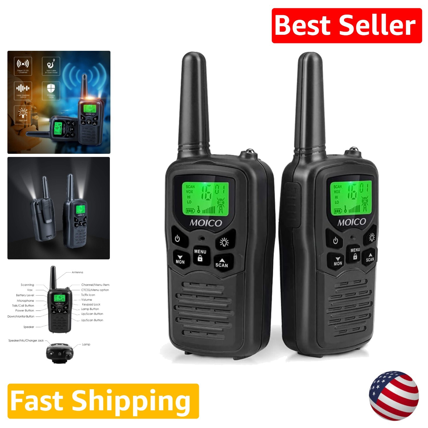 Long Range Family Walkie Talkies with Flashlight VOX LCD Display 2 Pack