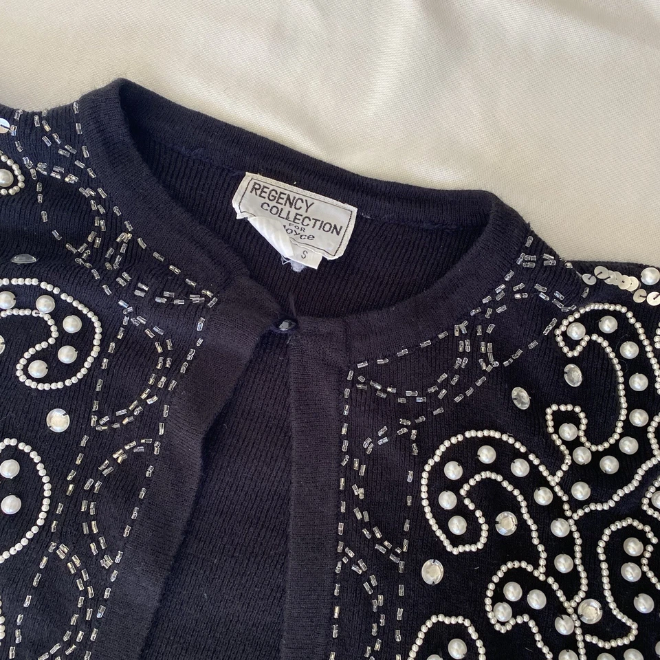 Cárdigan suéter vintage años 80 negro con cuentas para mujer pequeño años 90 Joyce Foto 3 de 4