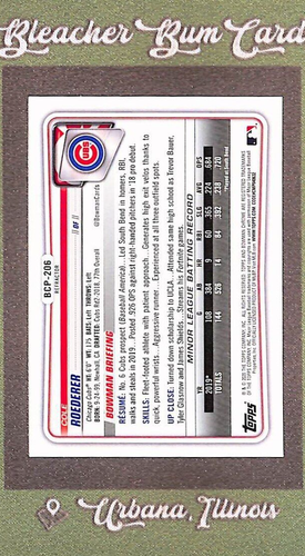 2020 Bowman Chrome #BCP-206 Cole Roederer Rookie RC Refractor SP #/499 - Cubs - 第 2/3 張圖片