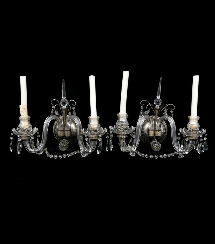 PAR DE APLIQUES ANTIGUOS DE VIDRIO TALLADO ANGLO IRLANDÉS PLACA DE PLATA CALIDAD CALDWELL Foto 4 de 4