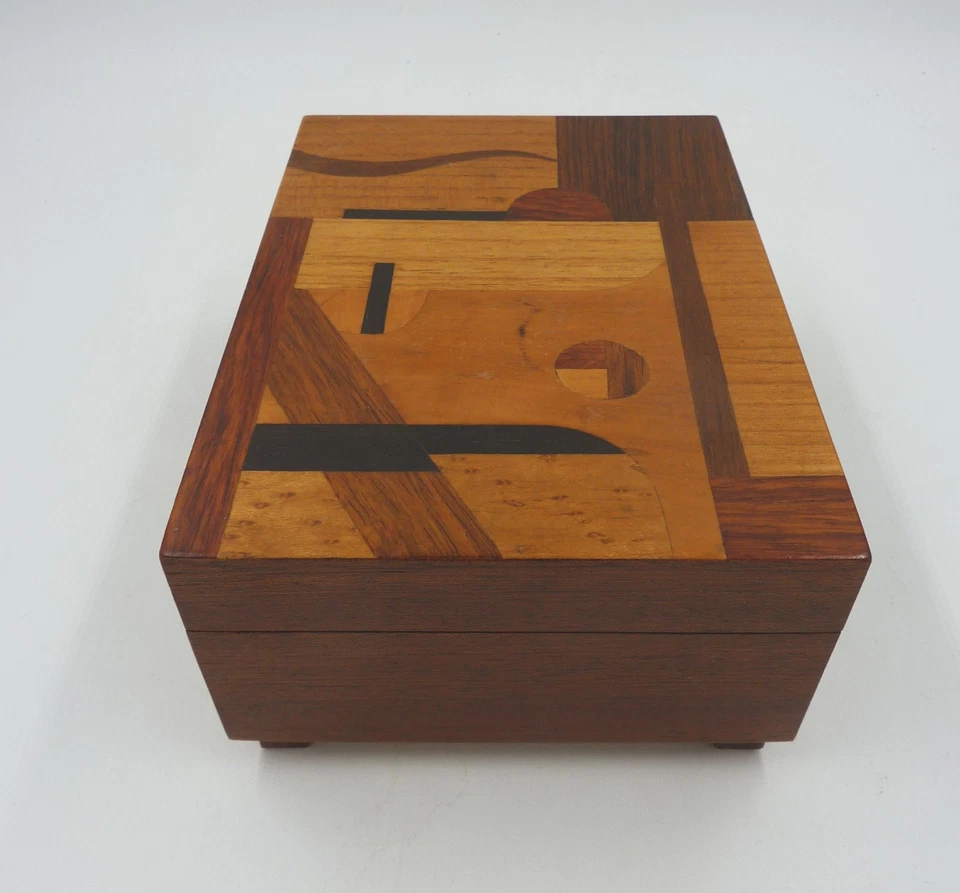Schmuck Schatulle Holz Einlegearbeiten Art Deco geom. Bauhaus Design Spieluhr - Bild 4 von 4