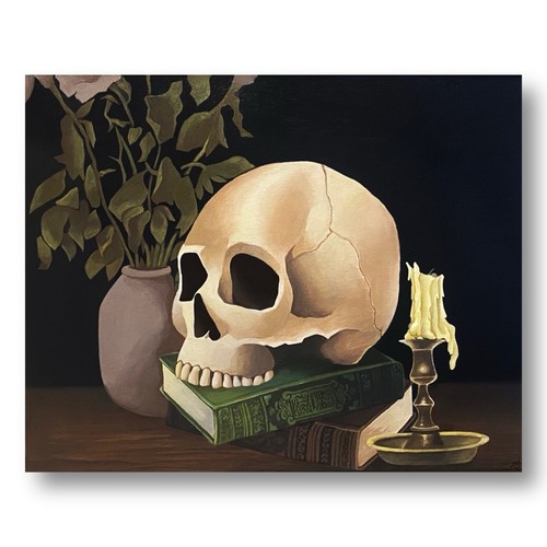Still Life painting Skull, Books, Candle Landscape Decor