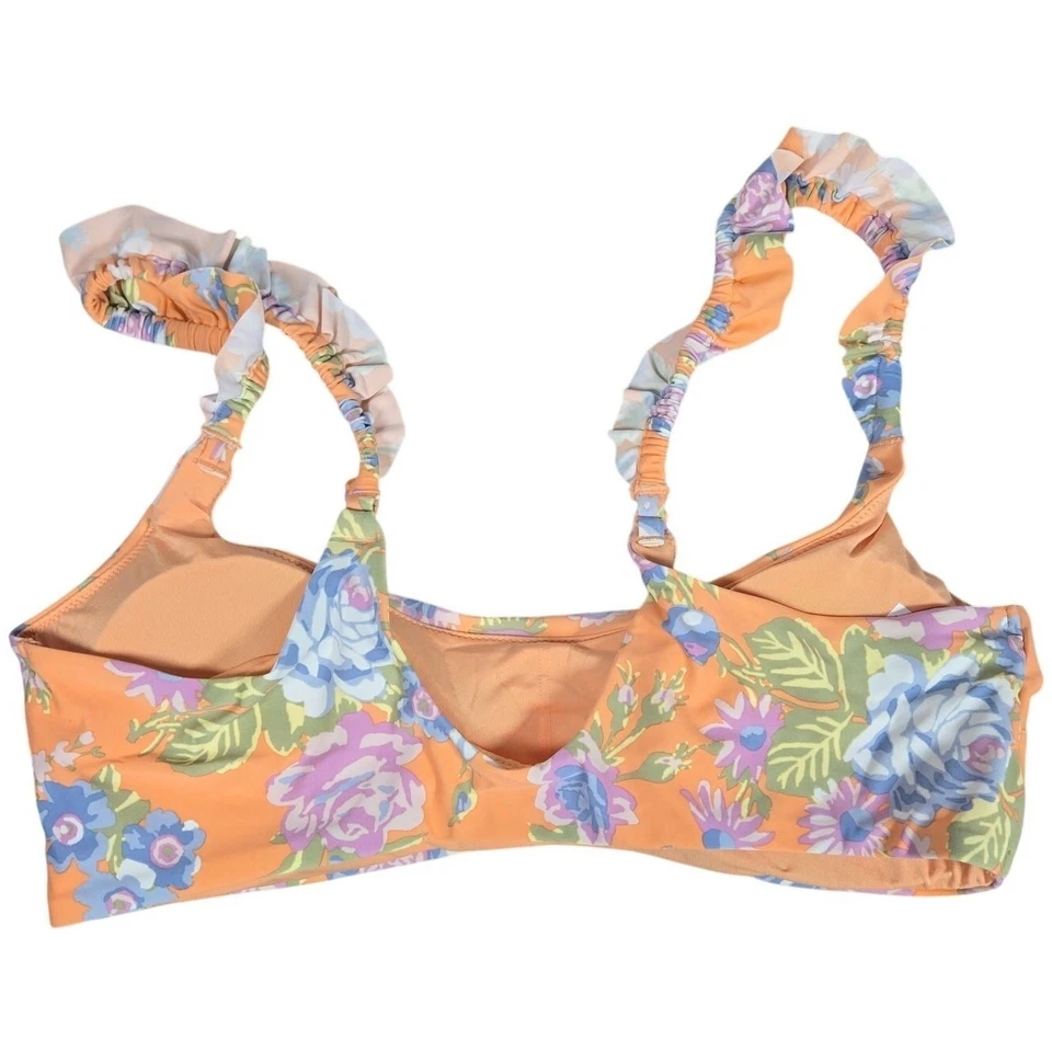 Aerie Floral Printed Ruffle Scoop Bikini Top in Apricot Wash XL NWT - Image 2 of 4