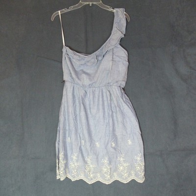 City Triangles Dress Womens Medium Blue Cream One Shoulder Ruffle Eyelet Crochet