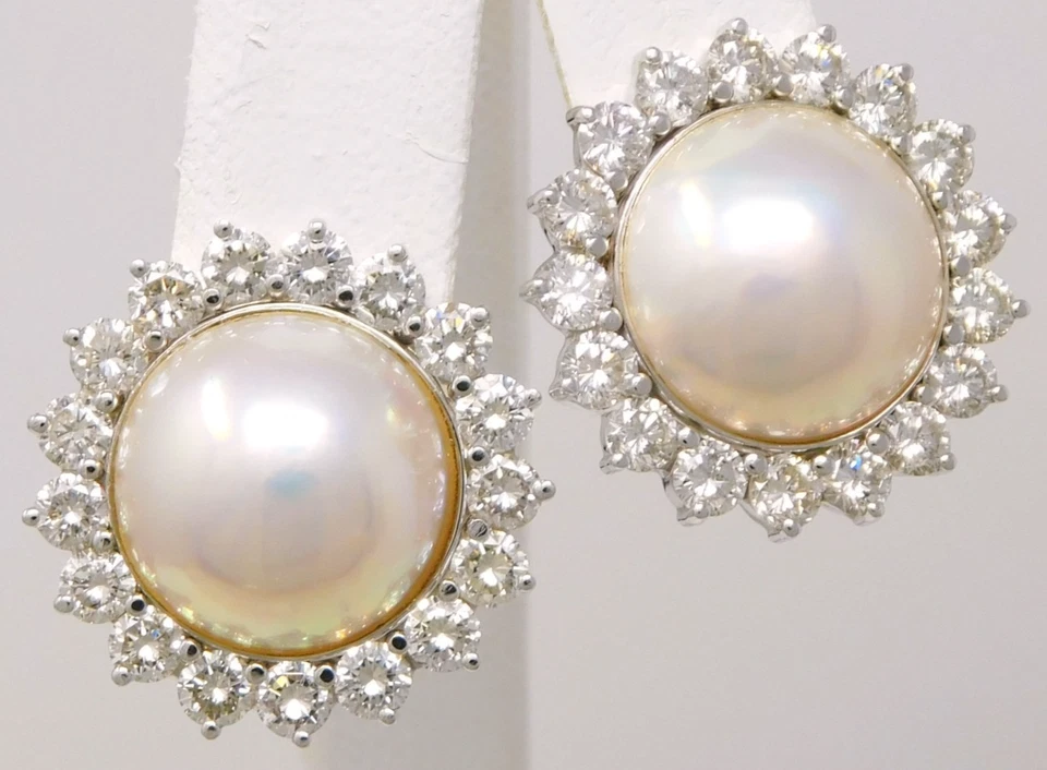 14-15k Gold Pair of Mabe Pearl & Halo Diamond Floral Omega Back Earrings B9106 - Image 2 of 4