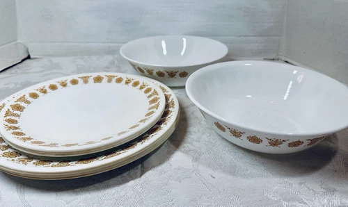 Vtg Set 9 Corelle Butterfly Gold Dinner Plates-Salad Plates-Serving Bowl Lot