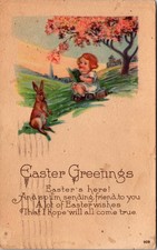 1925 Easter Greetings Postcard Child Rabbit Blossoming Tree Ohio Postmark