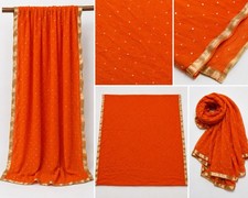 NEW Women s Indian Pakistani Dupatta Scarf Orange Gold Embellished 80 x 35 A8