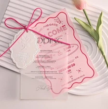 Customized Creative Emboss Pink Wedding Invitation Letterpress Romantic Upscale