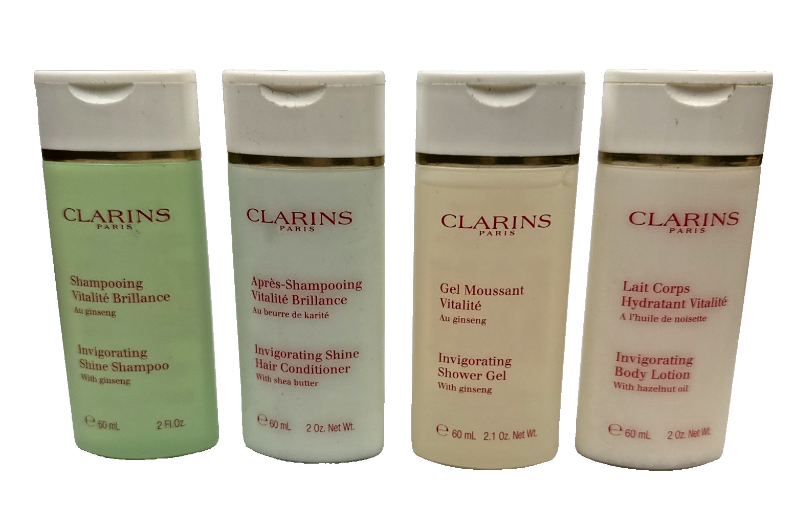 Clarins Invigorating Shine Shampoo Conditioner Shower Gel Body Lotion Lot 4 2oz