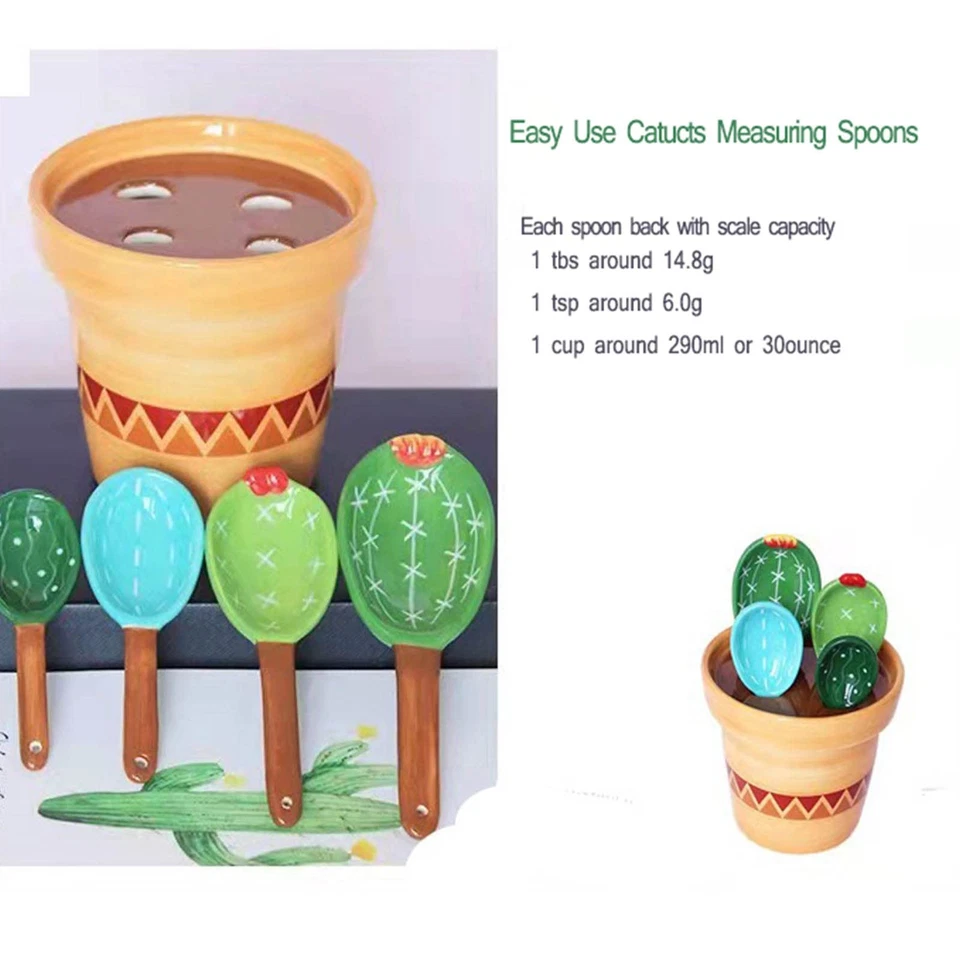 Cactus Measuring Spoons Set in Pot Ceramic Cute Small Cacti Measuring Spoons ... - Image 4 of 4