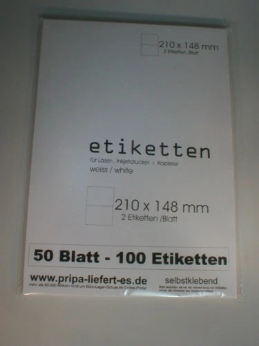 100 Etiketten 210x148 mm DIN A5 - 2 Stück auf DIN A4 z.B. Versandaufkleber PRIPA