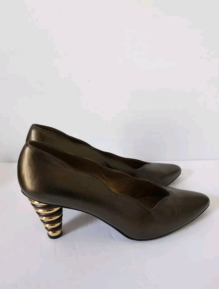 复古 80 年代 Stuart Weitzman 青铜泡泡堆叠高跟鞋浅口鞋 7.5 B 码 — 第 3/4 张图片