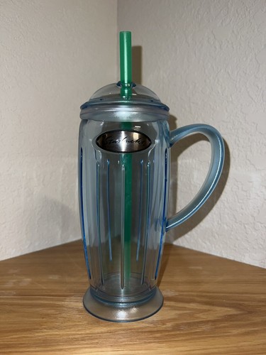 STARBUCKS Vtg. 2001 Blue Barista Rocket Travel Coffee Tumbler Tall Straw 16 oz