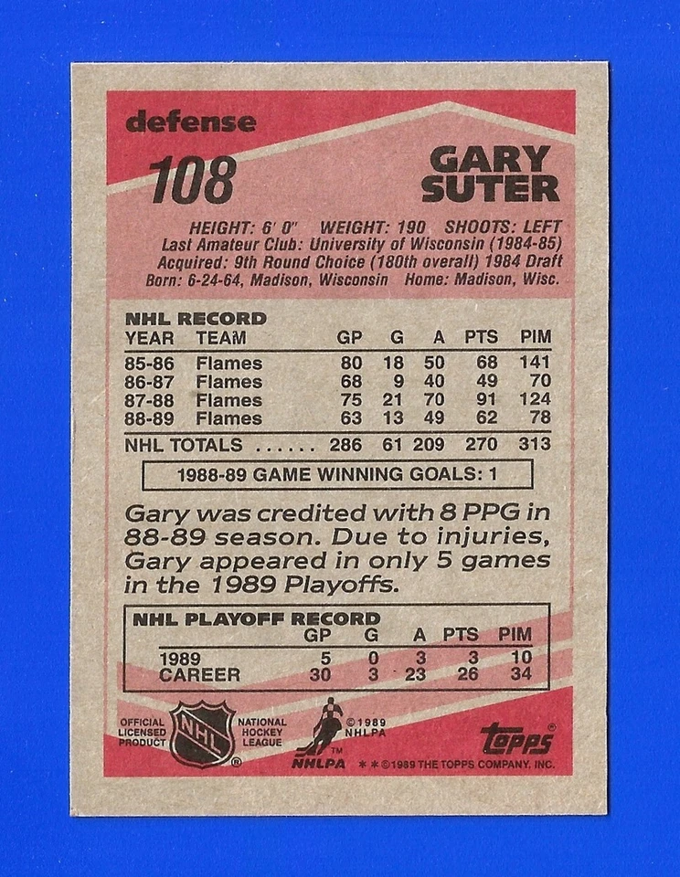1989-90 Topps HOCKEY #108 GARY SUTER NRMINT+ CALGARY FLAMES (TM1) - Image 2 of 2