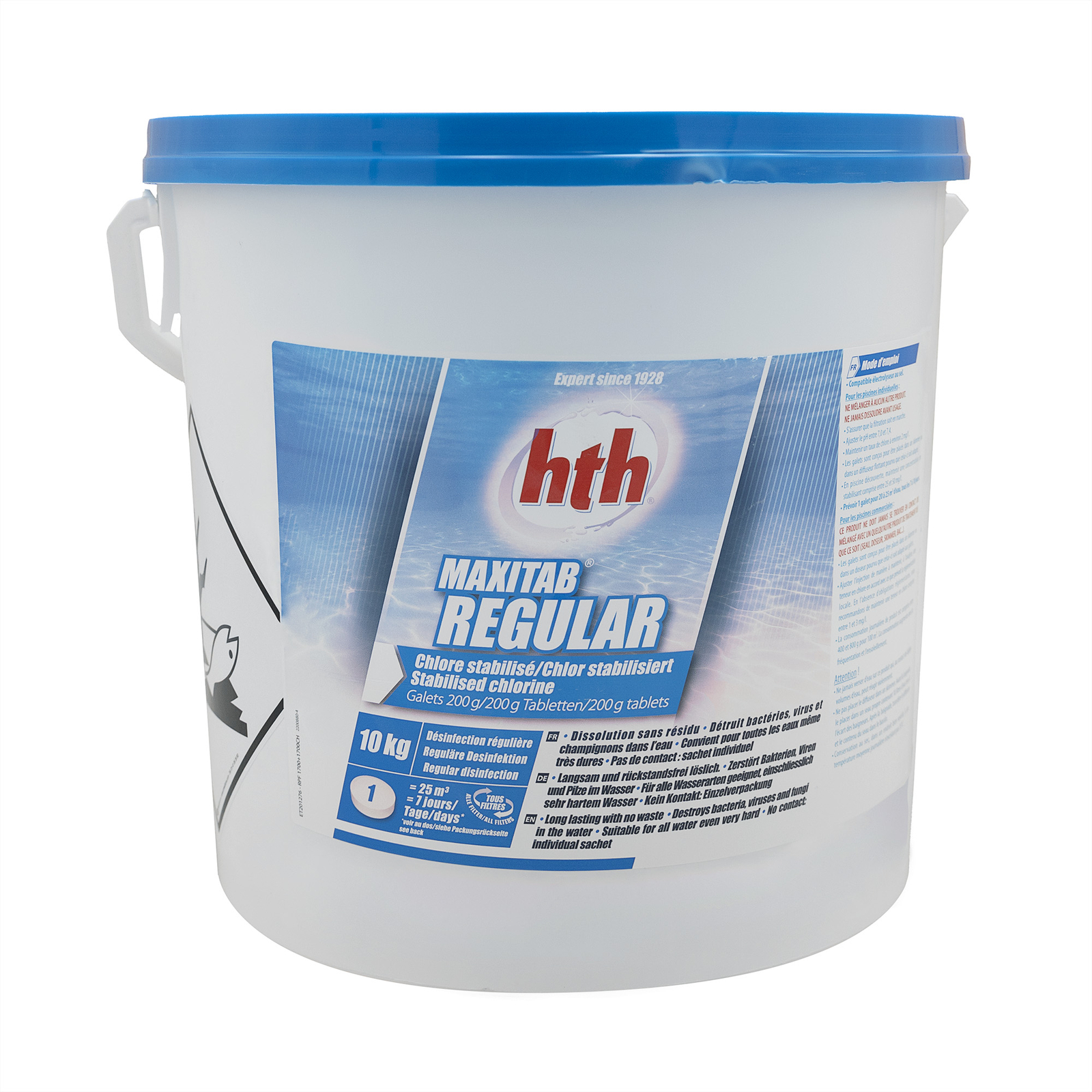Chlore lent stabilisé HTH Maxitab Regular, galet 200g désinfectant piscine, seau de 10kg - 2