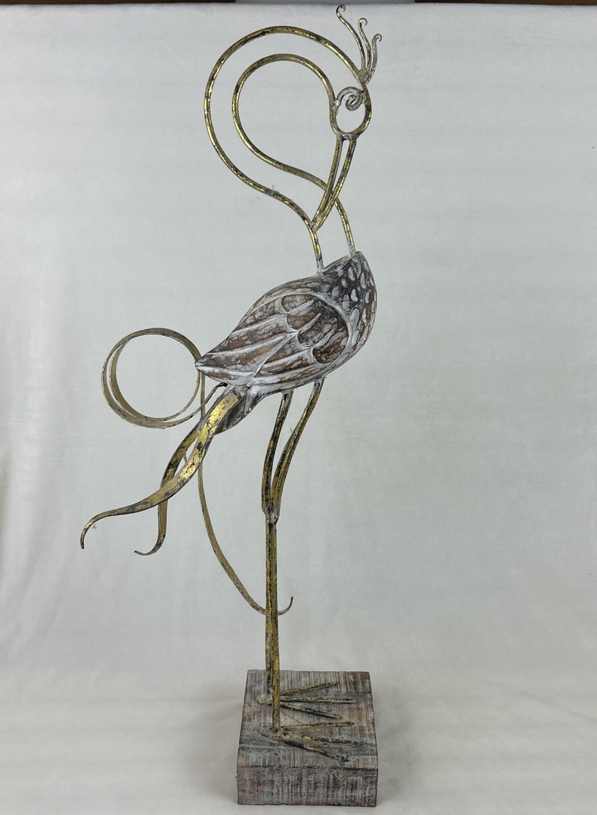 Vintage Large 31.5 Wood Metal Bird Sculpture on Wood Base Modern Beach Decor