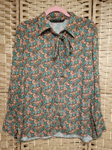 Zara Brown floral pussy box blouse top retro Vintage pattern 14 16 L - Picture 1 of 4