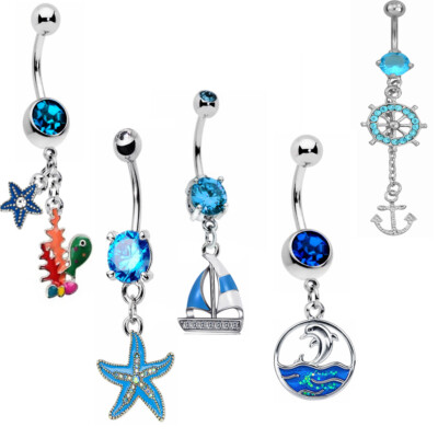 5- 14 Ga 3/8'' Steel Barbell Hawaii Beach Star Fish Boat Belly Button Dangle B626