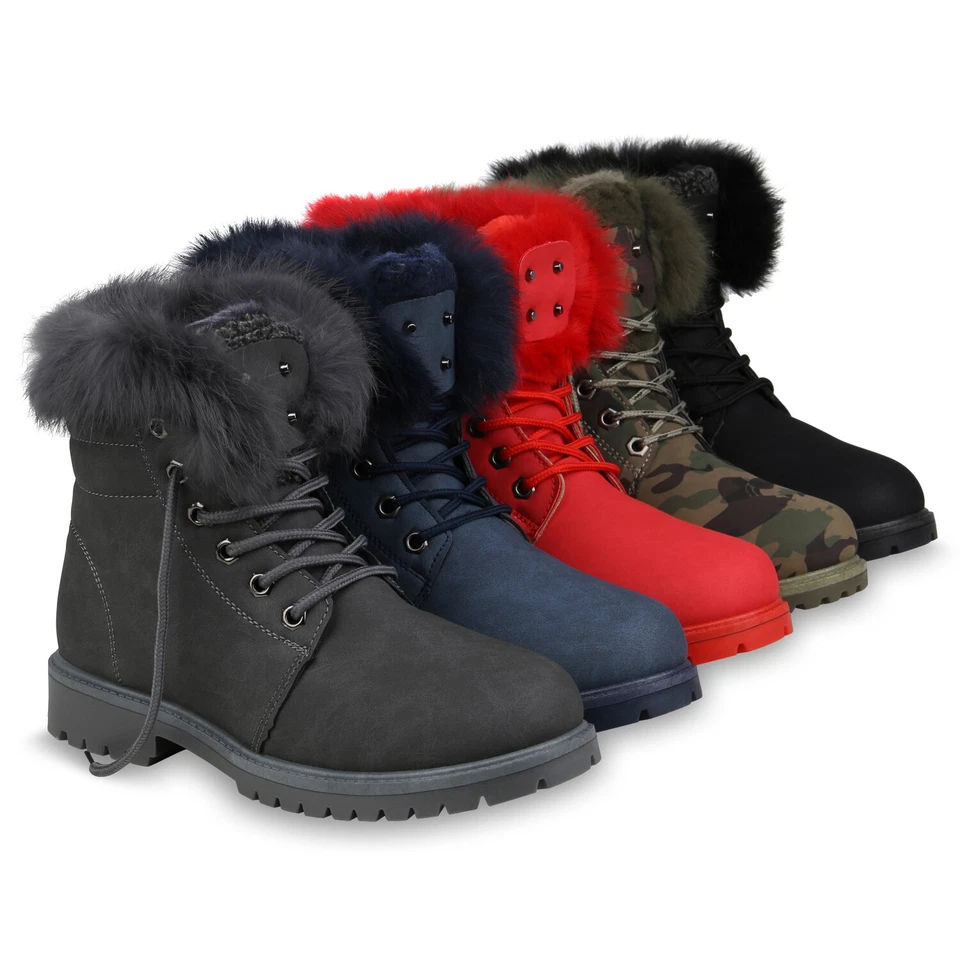 MARKENLOS Damen Stiefeletten Worker Boots Warm Gefütterte Winter Schnürer 832255 Schuhe