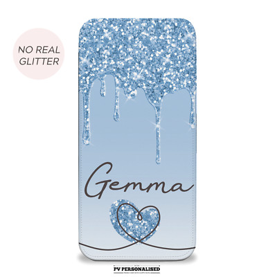 Personalisierte iPhone Samsung bedruckte Glitzer Flip/Geldbörse Handy Hülle süß Geschenk