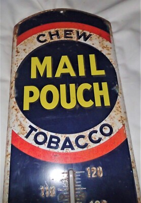 ANTIQUE USA MAIL POUCH TOBACCO THERMOMETER CIGARETTES METAL TIN