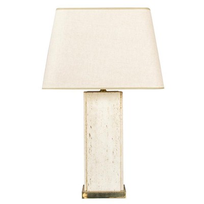 FRENCH 1960S LARGE RECTANGULAR TRAVERTINE LAMP ON RECTANGULAR BRASS BASE