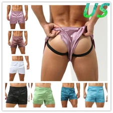 Mens Silk Satin Boxer Shorts Underwear Mid Waist Side Split Briefs Underwear