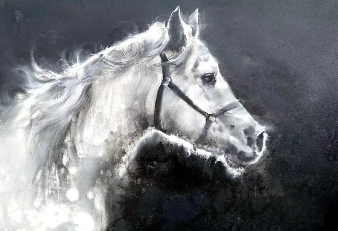 Horse Oil Painting Black White Elegant Unframed Canvas Print Australian Wall Art