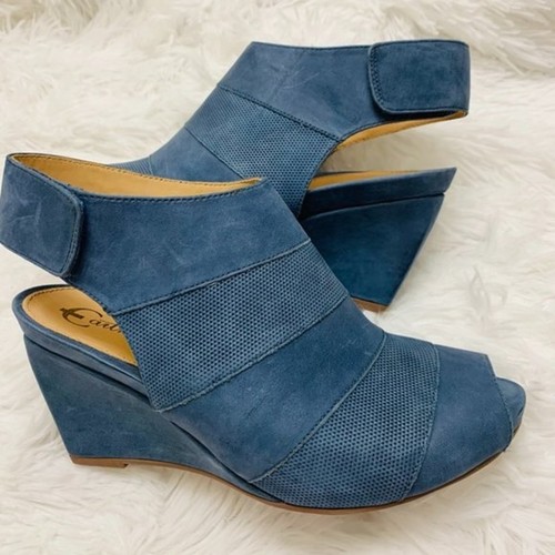 Earthies Manza Moroccan Leather Wedge Slingback Heel Size 6 1/2 Blue Sandal