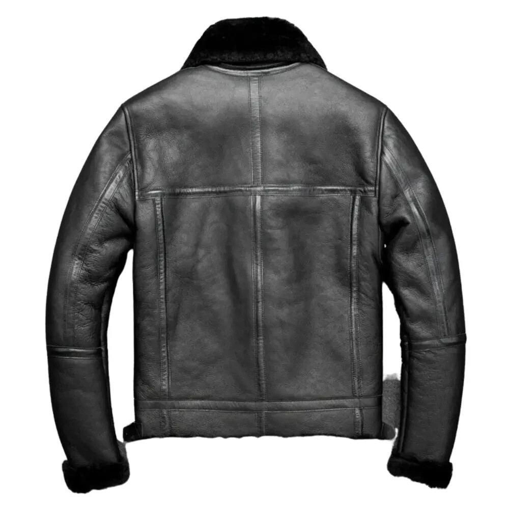 Black Real Leather RAF Aviator Pilot B3 Flying Bomber Shearling Fur Jacket Mens - second product detail image