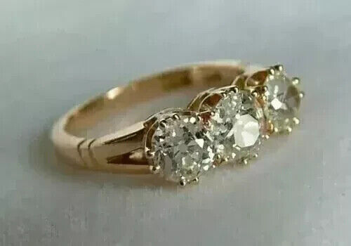 3.00Ct Round Lab Created Diamond Three-Stone Wedding Ring 14K Yellow Gold Finish - Picture 1 of 6