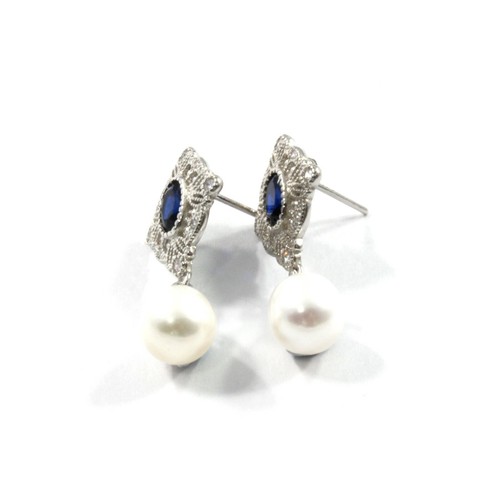 White Freshwater Pearl Blue CZ Drop Earrings with Sterling Silver 7.5-8.0mm - Foto 5 di 5