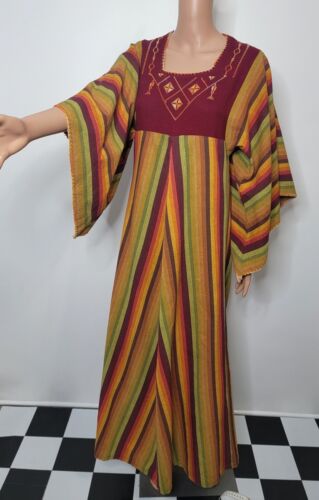 VTG Rare 70’s Angel Wing Sleeve Maxi Dress Embroidery Boho Hippie Sz S - Afbeelding 1 van 6