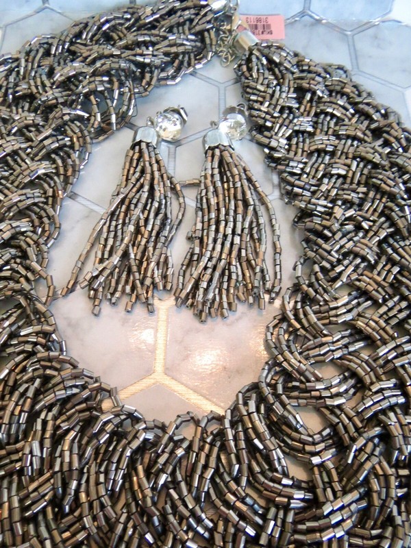 Large Runway GUNMETAL Woven Bead COLLAR NECKLACE & EARRING SET 19.5"L & 3.25"L