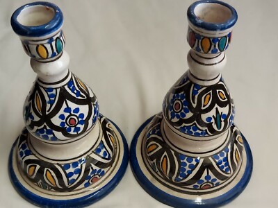 SERGHINI SAFI POTTERY MOROCCO CANDLESTICK HOLDERS HAND PAINTED