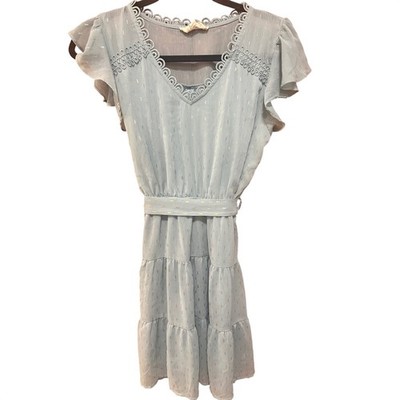 Sweet Wanderer Blue Gold Metallic Clip Dot Crochet Lace Flutter Sleeve  Dress M