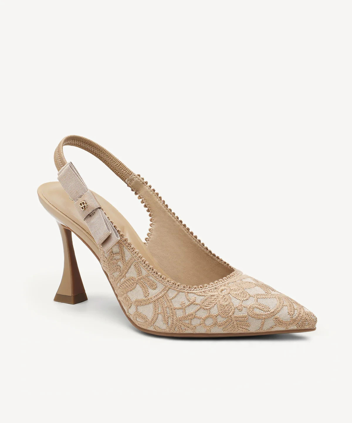 Cosy Island EverLush Bowknot Pointed Toe Heeled Slingback Embroidery Apricot