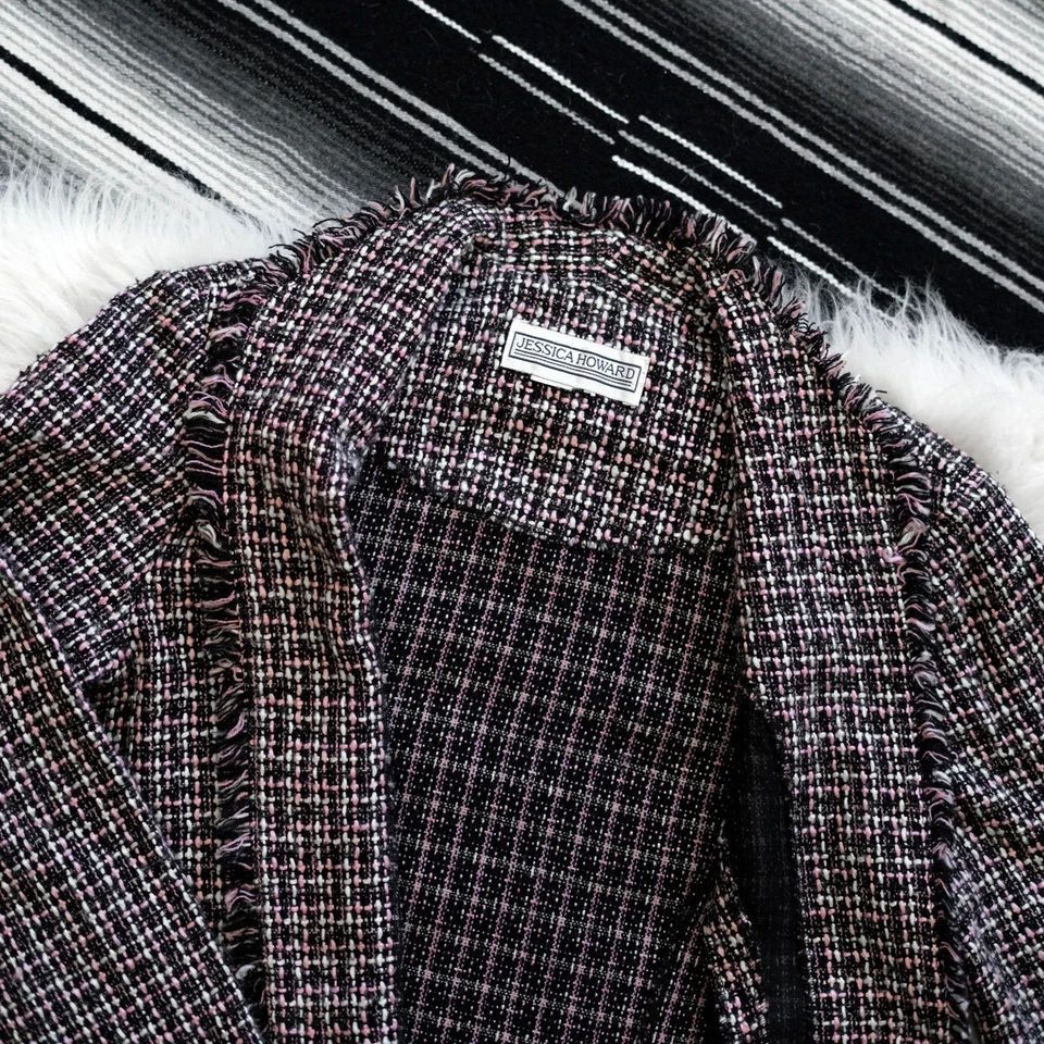 JESSICA HOWARD BLAZER SZ L BLACK PINK & WHITE JACKET TWEED FRINGE ACADEMIA - Image 4 of 4
