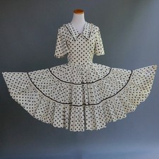 VTG 50s Swing Dress Full Circle Skirt Blue White Polka Dot Crepe Lace Velvet S M