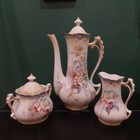 Elegant Vintage Coffee Pot+Sugar Bowl+Creamer Hand Painted Floral Blue Gold