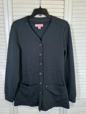 Koi By Kathy Peterson Lab Coat Size M - Gray Floral Textured Imprint Button EUC