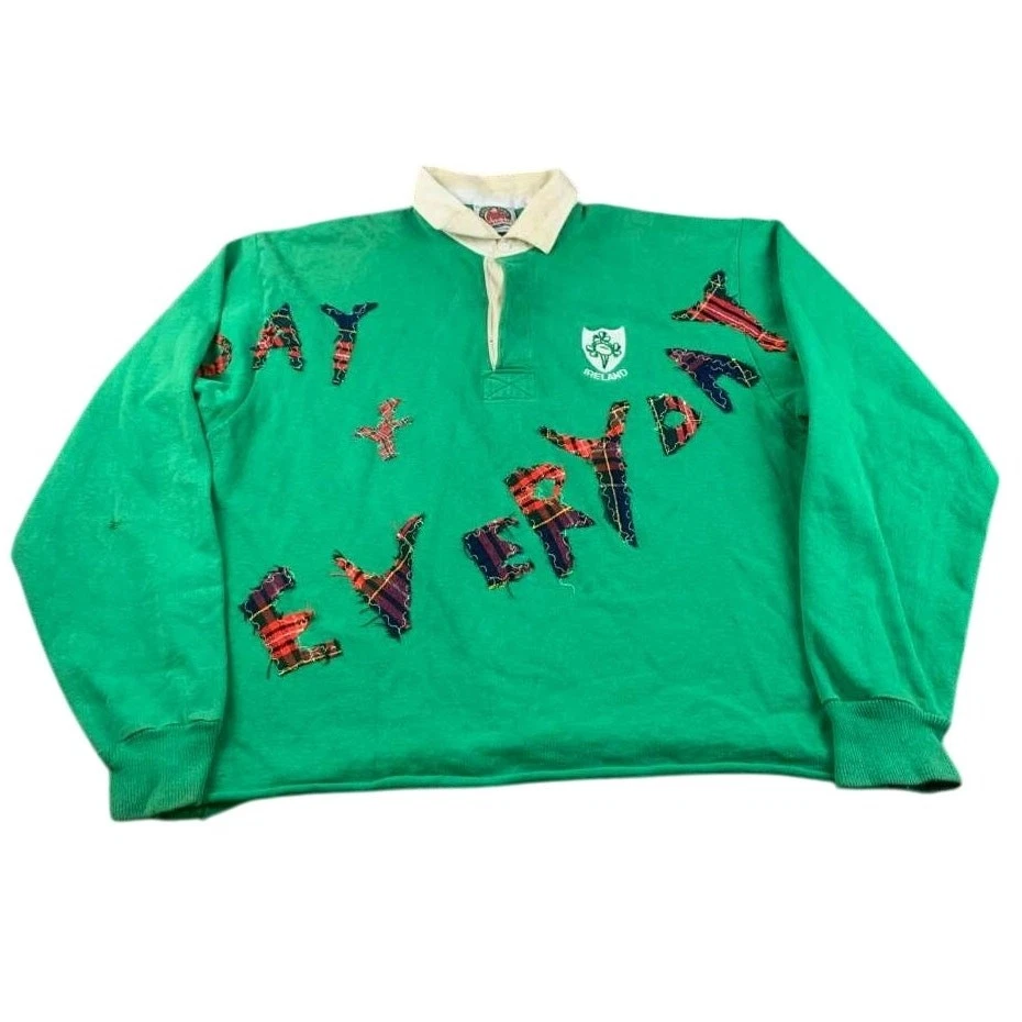 Vintage Ireland Barbarian Rugby Shirt 3XL Green Plaid Red Patch Work Embroider - Image 3 of 4