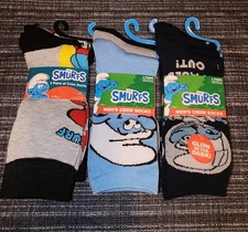 Smurf Socks - Smurfs - Papa Smurf - Grouchy - Brainy - Crew Socks - 9 Pair