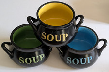 Set of 3 Ceramic Stoneware Soup Bowls Double Handle Kettle Shaped