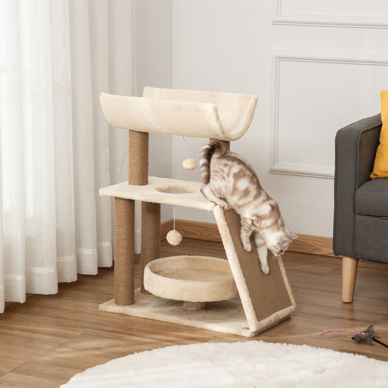 Albero Tiragraffi per Gatti con Lettino, Cuccia e Tappetino, in Legno, Peluche e foto 2