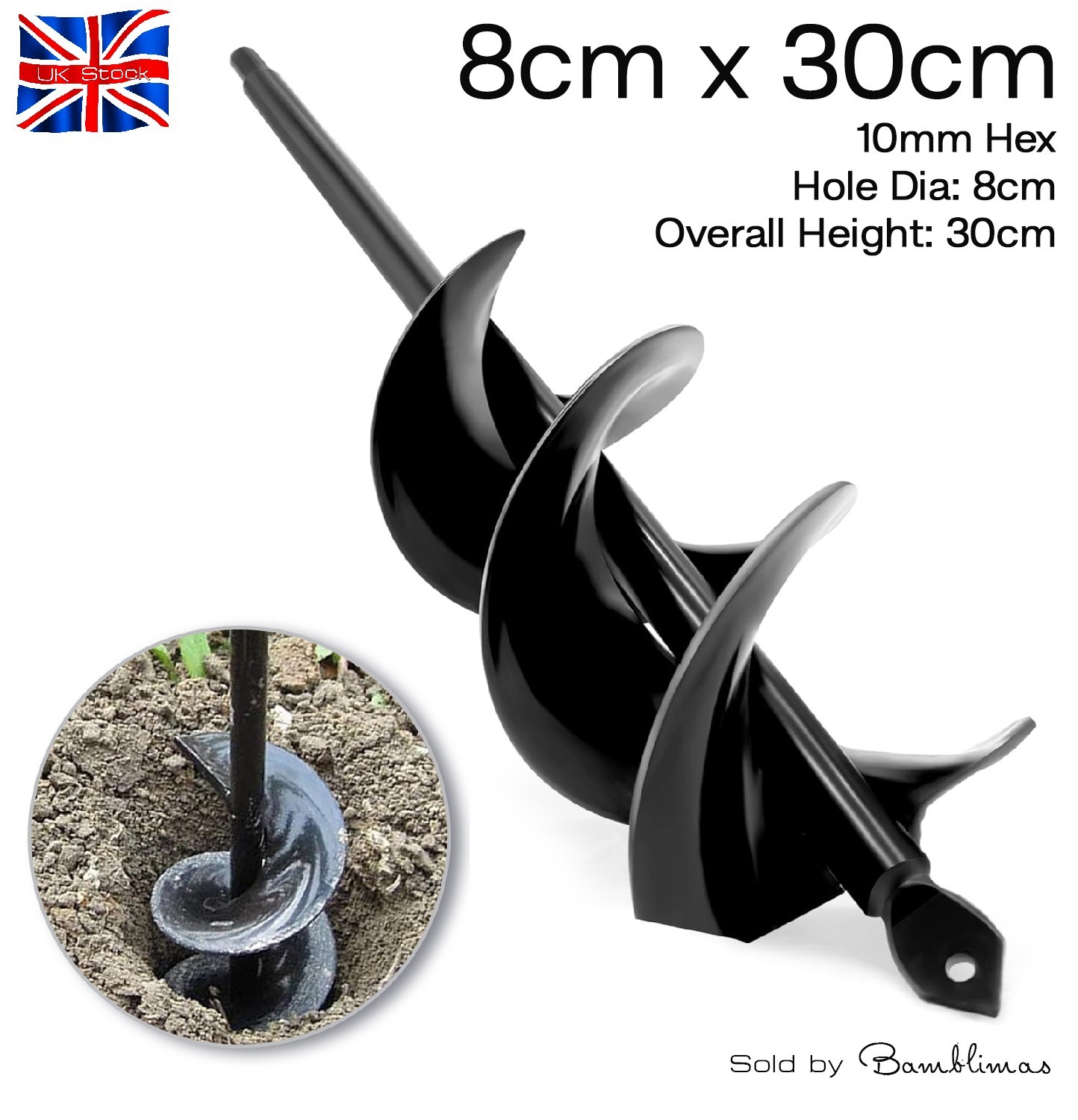 Garden Planting Auger 8cm x 30cm Spiral Hole Drill Bit Earth Planter Hole Digger