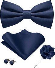 JEMYGINS Solid Color Pre-Tied Bow Tie and Pocket Square Cufflinks Lapel Pin Sets